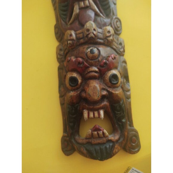 Vintage Nepalese Mahakala Wood Carving 19" x 5" Tibetan Totem Pole - Picture 5 of 14